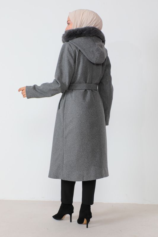 Gizli Fermuarlı Kuşaklı Kaşe Kaban TSD230813 Gri - 5