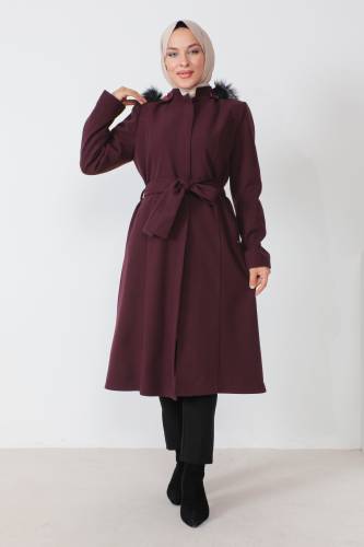 Gizli Fermuarlı Kuşaklı Kaşe Kaban TSD230813 Mürdüm 