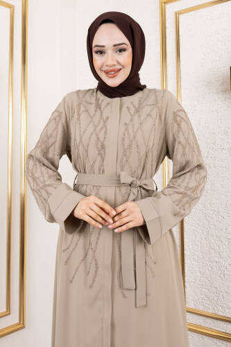 Gizli Fermuarlı Taş Detaylı Abaya TSD250112 Bej - Tesettür Dünyası (1)