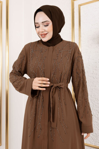 Gizli Fermuarlı Taş Detaylı Abaya TSD250112 Kahverengi - Tesettür Dünyası (1)