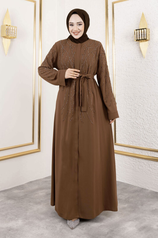 Gizli Fermuarlı Taş Detaylı Abaya TSD250112 Kahverengi - 1