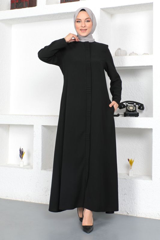 Gizli Fermuarlı Tesettür Ferace TSD230414 Siyah - 1