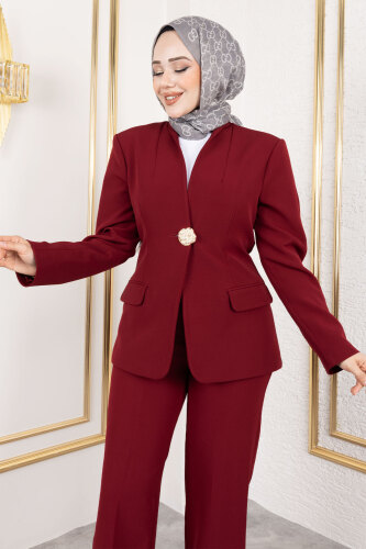 Gold Düğme Detaylı Blazer Ceket TSD250175 Bordo - Tesettür Dünyası (1)