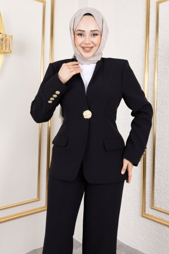 Gold Düğme Detaylı Blazer Ceket TSD250175 Siyah - Tesettür Dünyası (1)