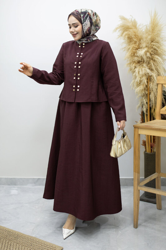 Gold Çıtçıtlı Etekli Takım TSD260156 Bordo - Tesettür Dünyası