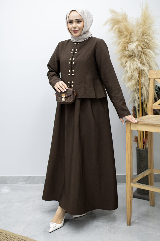 Gold Çıtçıtlı Etekli Takım TSD260156 Kahverengi - TESETTÜR DÜNYASI