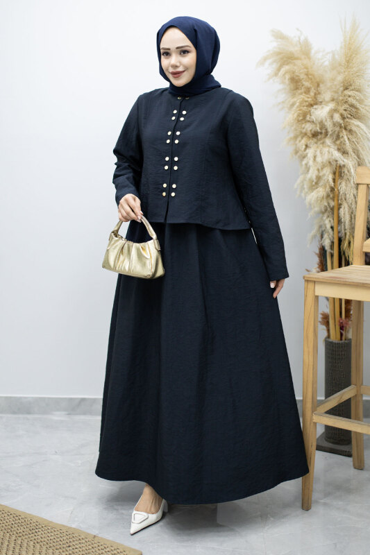 Gold Çıtçıtlı Etekli Takım TSD260156 Lacivert - Tesettür Dünyası