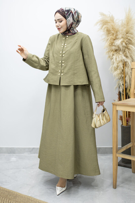 Gold Çıtçıtlı Etekli Takım TSD260156 Yeşil - Tesettür Dünyası