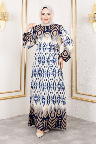 Gölge Geçişli Viskon Elbise TSD250207 Lacivert - Tesettür Dünyası