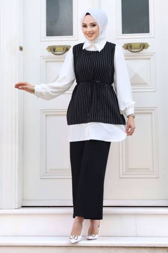 Gömlek Yaka İkili Krep Takım TSD240403 - Siyah 