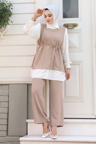 Gömlek Yaka İkili Krep Takım TSD240403 - Vizon 