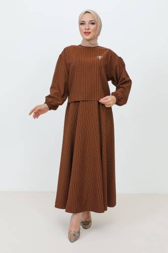 Gonca Broş Detaylı Etekli Takım TSD231204 Kahverengi 