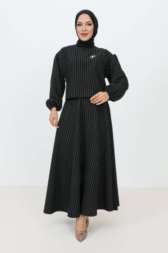 Gonca Broş Detaylı Etekli Takım TSD231204 Siyah 