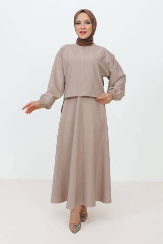 Gonca Broş Detaylı Etekli Takım TSD231204 Vizon 