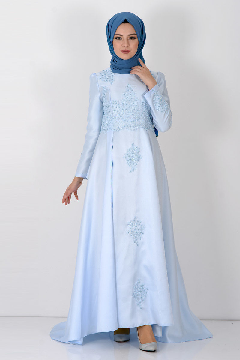 Tesettür Dünyası - Guipure Detailed Hijab Evening Dress TSD8619 Baby Blue