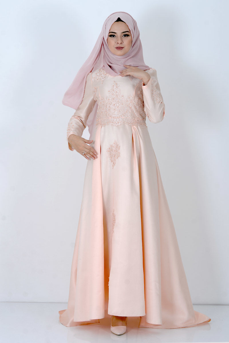 Tesettür Dünyası - Guipure Detailed Hijab Evening Dress TSD8619 Powder