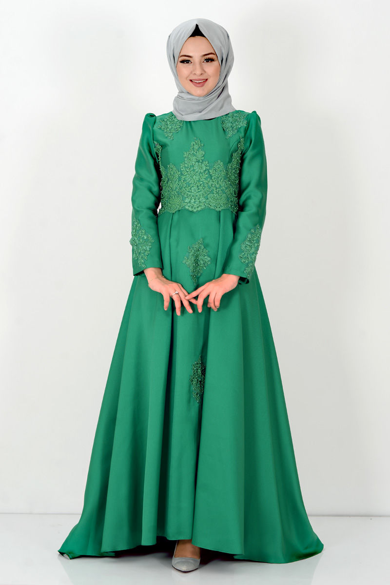 Tesettür Dünyası - فستان سهرة حجاب بتفاصيل من Guipure TSD8619 أخضر