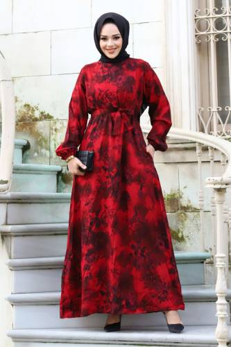 Gül Desenli Beli Kuşaklı Elbise TSD240207 Bordo 