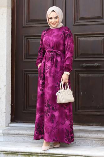 Gül Desenli Beli Kuşaklı Elbise TSD240207 Lila 