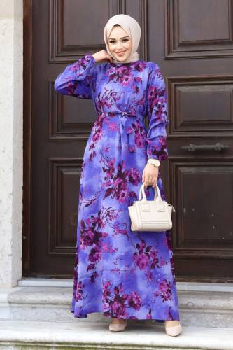 Gül Desenli Beli Kuşaklı Elbise TSD240207 Mor 