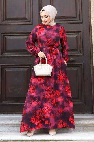 Gül Desenli Beli Kuşaklı Elbise TSD240207 Mürdüm 