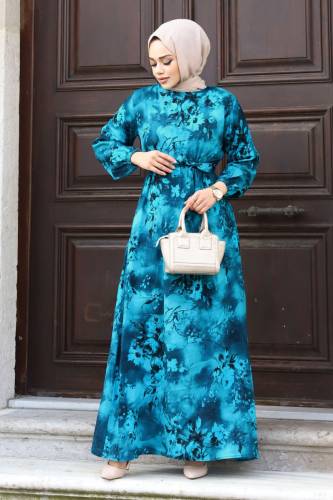 Gül Desenli Beli Kuşaklı Elbise TSD240207 Petrol 