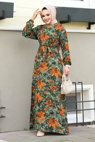 Gül Desenli Beli Kuşaklı Elbise TSD240207 Zümrüt Yeşili 