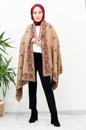 Gül Desenli Triko Omuz Şalı TSD220922 Camel 