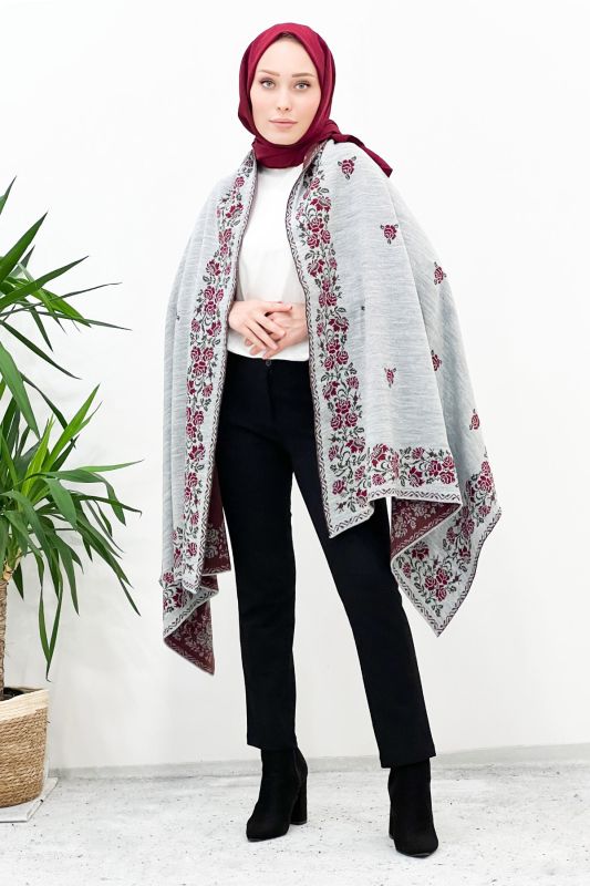 Gül Desenli Triko Omuz Şalı TSD220922 Gri - Tesettür Dünyası