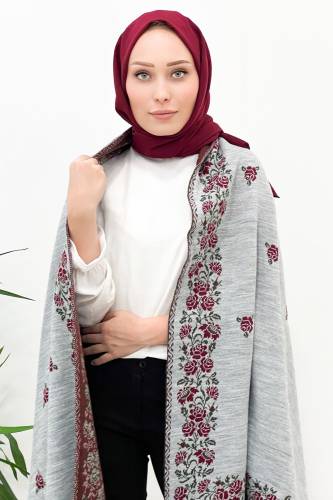 Gül Desenli Triko Omuz Şalı TSD220922 Gri - Tesettür Dünyası (1)
