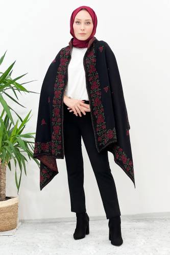Gül Desenli Triko Omuz Şalı TSD220922 Siyah 