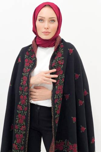 Gül Desenli Triko Omuz Şalı TSD220922 Siyah - Tesettür Dünyası (1)