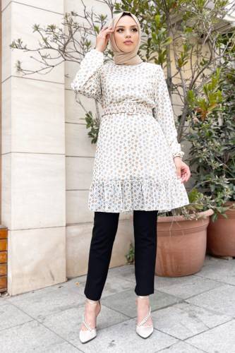 Gül Desenli Şifon Tunik TSD220823 Bej 