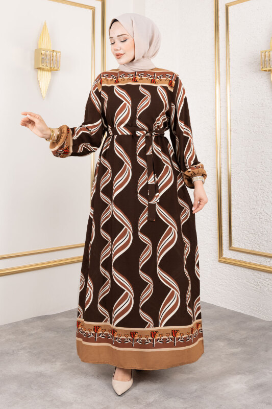 Gül Desenli Viskon Elbise TSD250178 Kahverengi - Tesettür Dünyası (1)