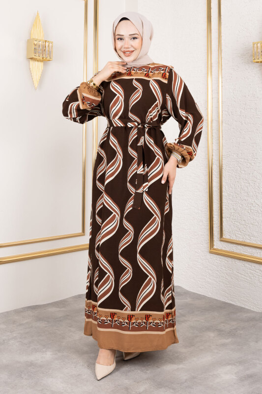 Gül Desenli Viskon Elbise TSD250178 Kahverengi - Tesettür Dünyası