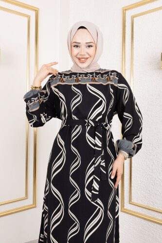 Gül Desenli Viskon Elbise TSD250178 Siyah - 3