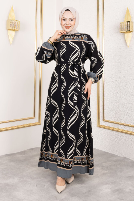 Gül Desenli Viskon Elbise TSD250178 Siyah - 1