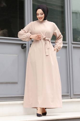 Hakim Yaka Beli Kuşaklı Tesettür Elbise TSD240313 Bej 