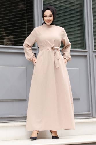 Hakim Yaka Beli Kuşaklı Tesettür Elbise TSD240313 Bej - 4