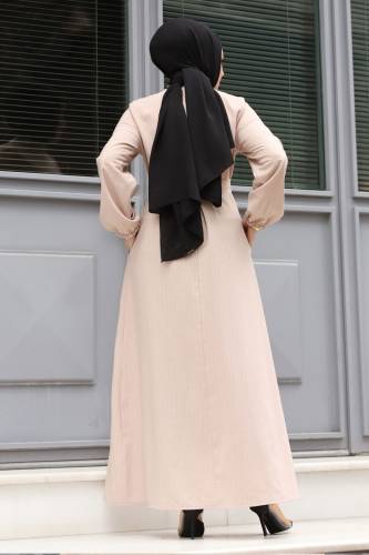 Hakim Yaka Beli Kuşaklı Tesettür Elbise TSD240313 Bej - 5