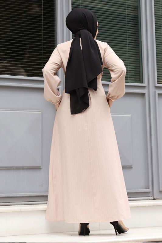 Hakim Yaka Beli Kuşaklı Tesettür Elbise TSD240313 Bej - 5
