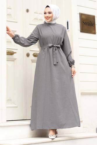 Hakim Yaka Beli Kuşaklı Tesettür Elbise TSD240313 Gri 