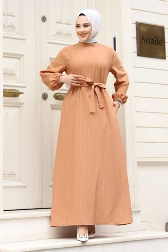 Hakim Yaka Beli Kuşaklı Tesettür Elbise TSD240313 Taba 