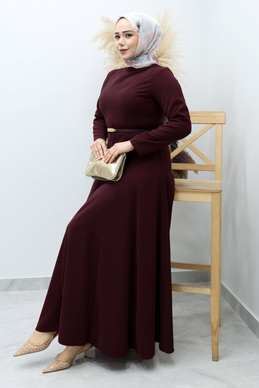 Hakim Yaka Pensli Kemerli Elbise TSD260151 Bordo - 1