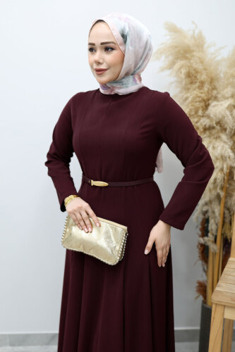 Hakim Yaka Pensli Kemerli Elbise TSD260151 Bordo - 2