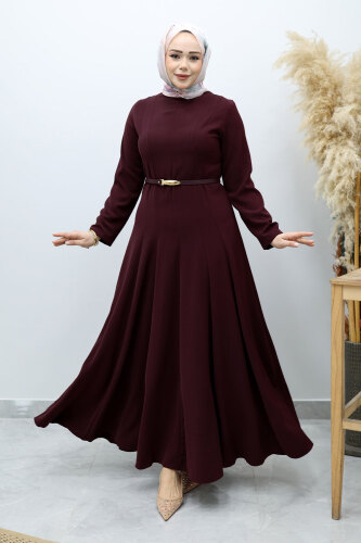 Hakim Yaka Pensli Kemerli Elbise TSD260151 Bordo - 5