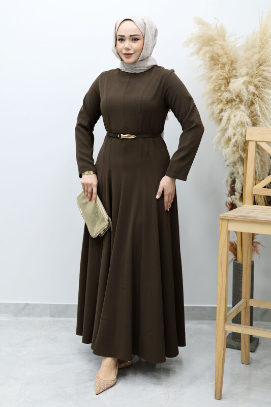 Hakim Yaka Pensli Kemerli Elbise TSD260151 Kahverengi - 1