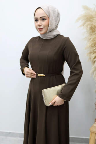 Hakim Yaka Pensli Kemerli Elbise TSD260151 Kahverengi - 2