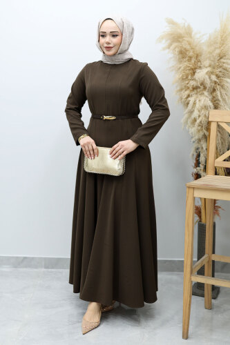 Hakim Yaka Pensli Kemerli Elbise TSD260151 Kahverengi - 3