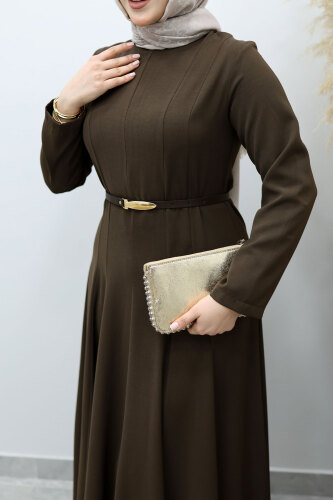 Hakim Yaka Pensli Kemerli Elbise TSD260151 Kahverengi - 4